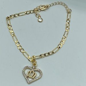 Gold plated link bracelet with cz heart and crown charm